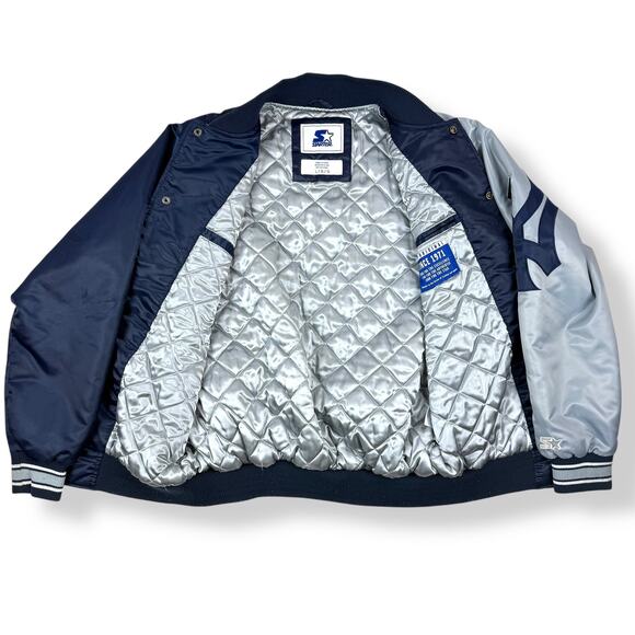 Rare STARTER NEW YORK YANKEES double sided Navy / Gray satin snap bomber jacket - Picture 8 of 16